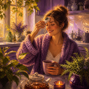 White woman in her 30s checking her temperature with a digital thermometer in a cozy kitchen