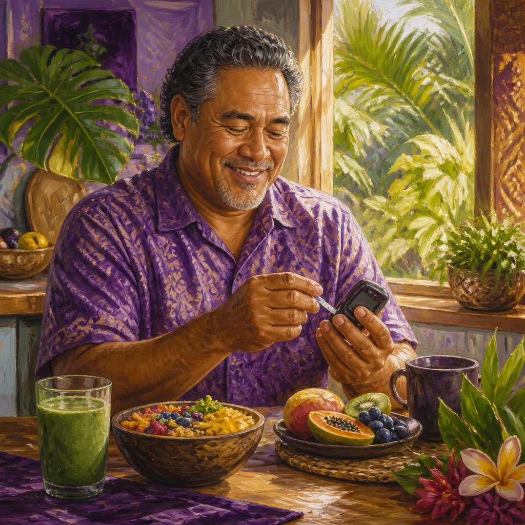Pacific Islander man in his 50s using a blood glucose meter at a kitchen table with a healthy breakfast
