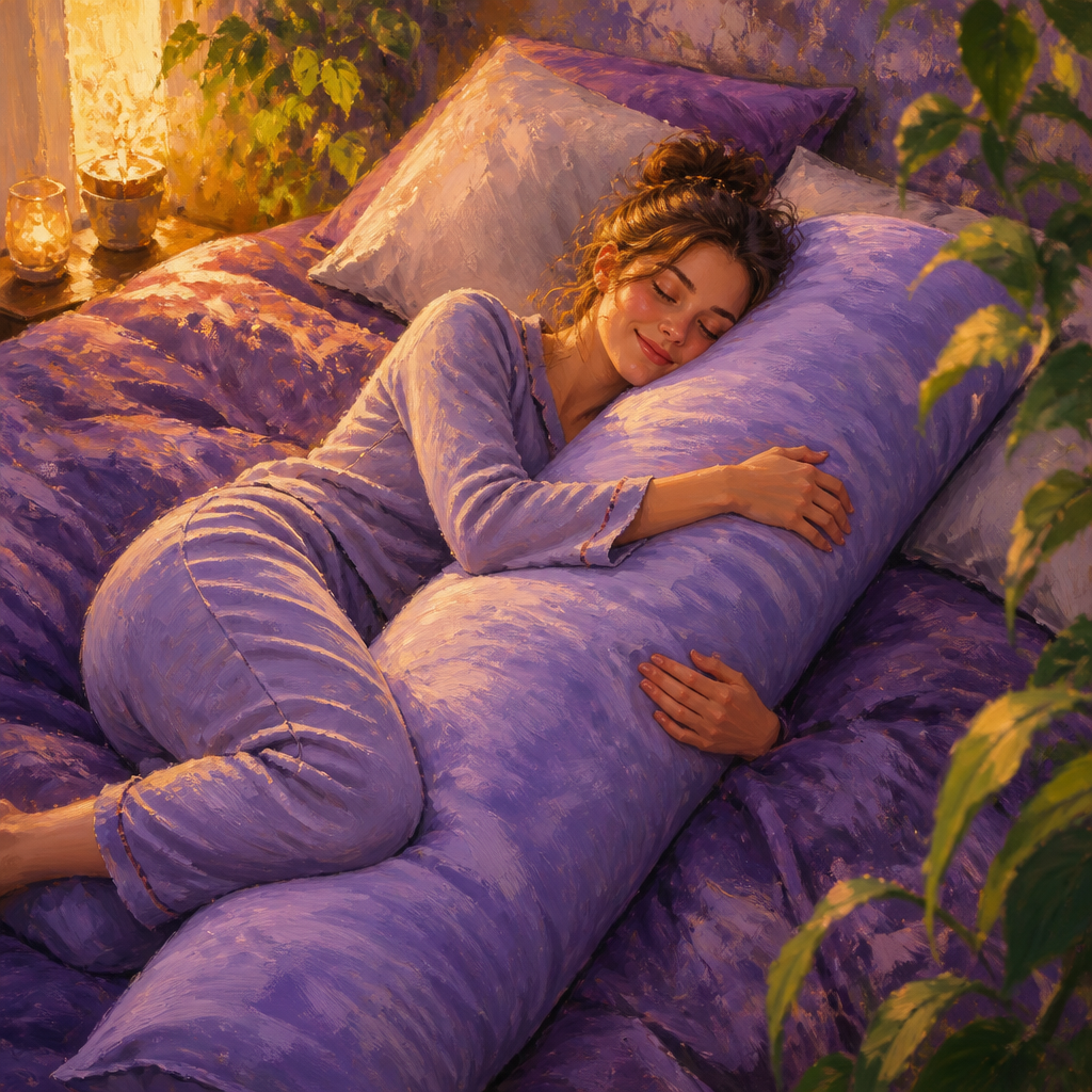 White woman in her 20s sleeping peacefully hugging a long body pillow