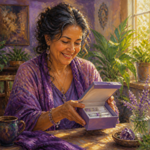 Latina woman in her 50s opening a home biological age test kit by a sunny window
