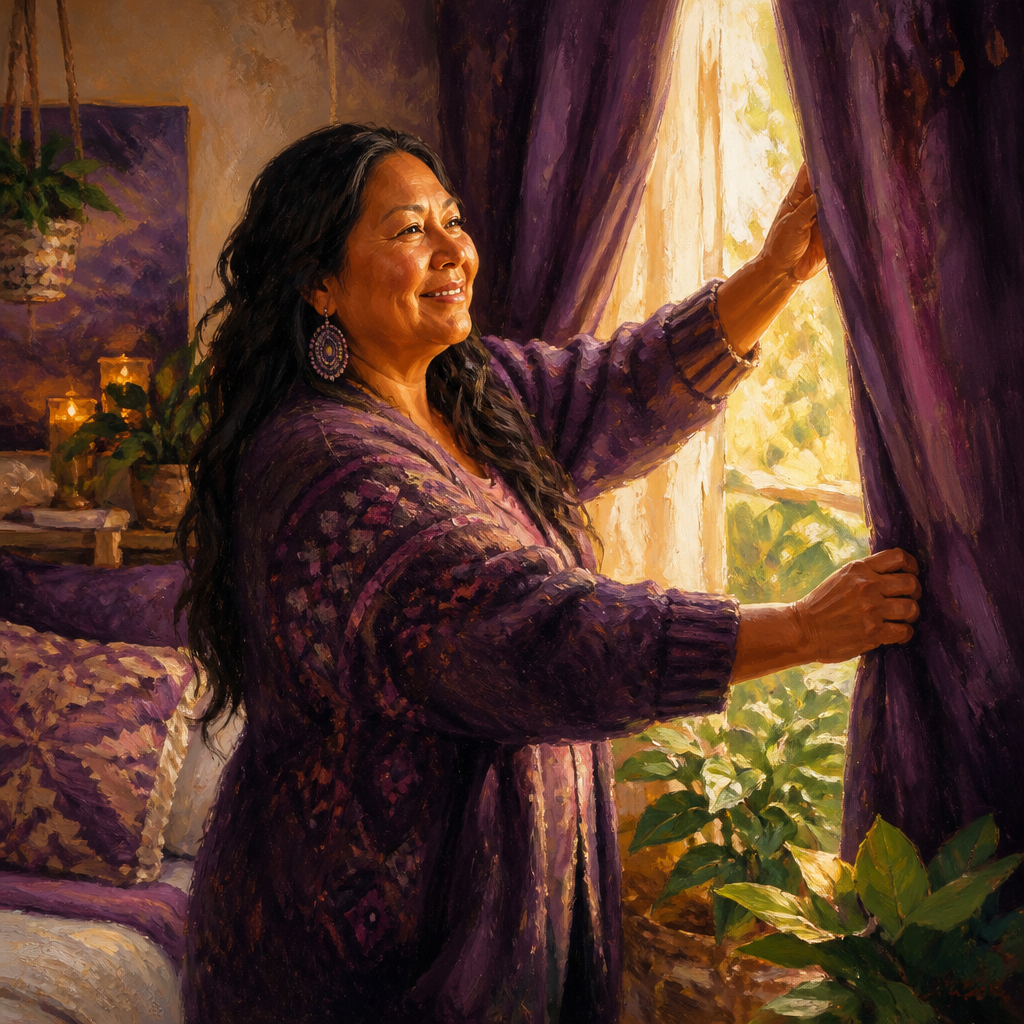 Indigenous woman in her 40s opening heavy plum blackout curtains to morning light