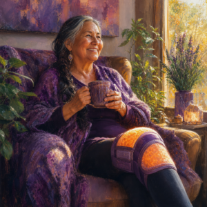 Indigenous woman in her 60s relaxing in an armchair with a glowing infrared wrap on her knee