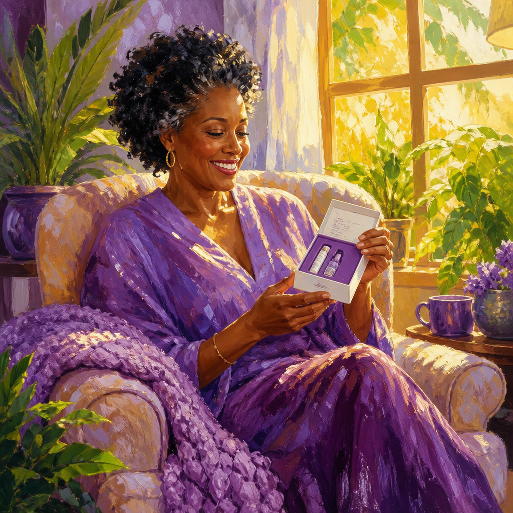 Black woman in her 40s in a sunny armchair with a home vitamin D test kit