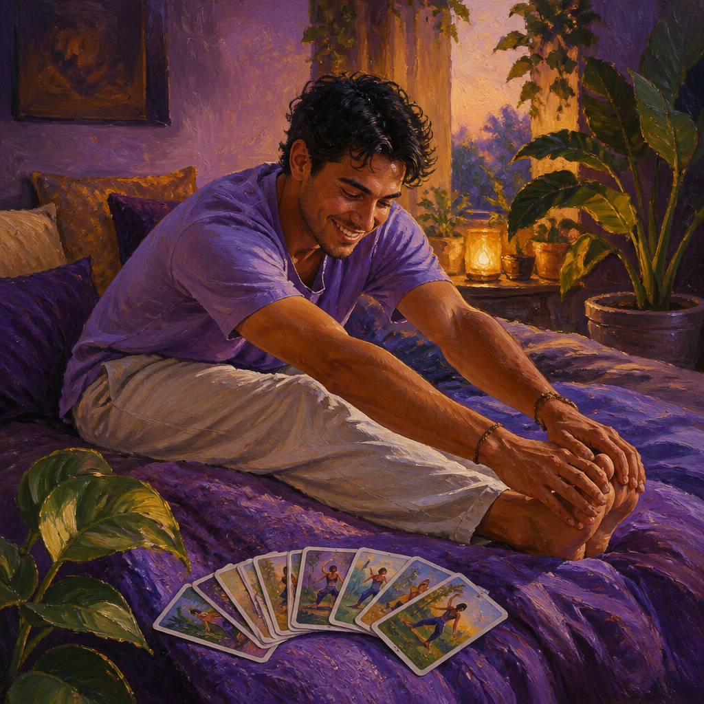 Hispanic man in his 20s doing a gentle bedtime stretch with a deck of yoga cards
