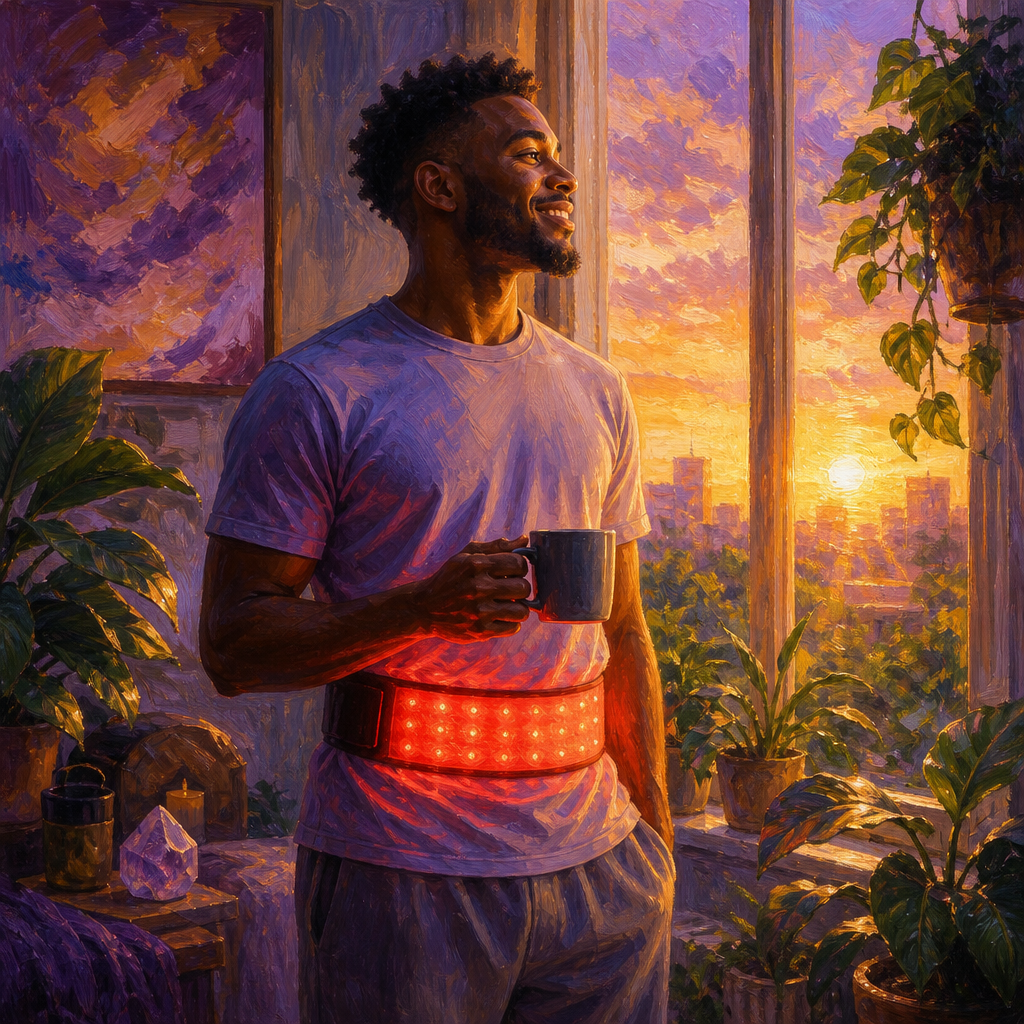 Black man in his 20s wearing a glowing red light therapy belt at a sunrise window