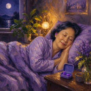 East Asian woman in her 60s sleeping peacefully with soft earplugs in a moonlit bedroom