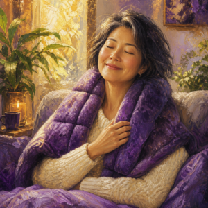 East Asian woman in her 50s relaxing on a sofa with a heated wrap over her shoulders