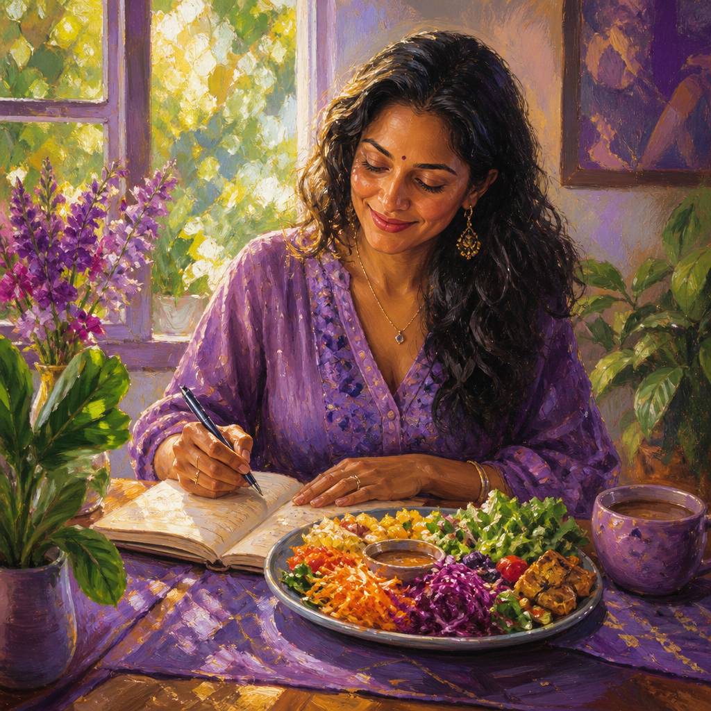 South Asian woman in her 30s writing in a food journal beside a colorful plate of fresh food