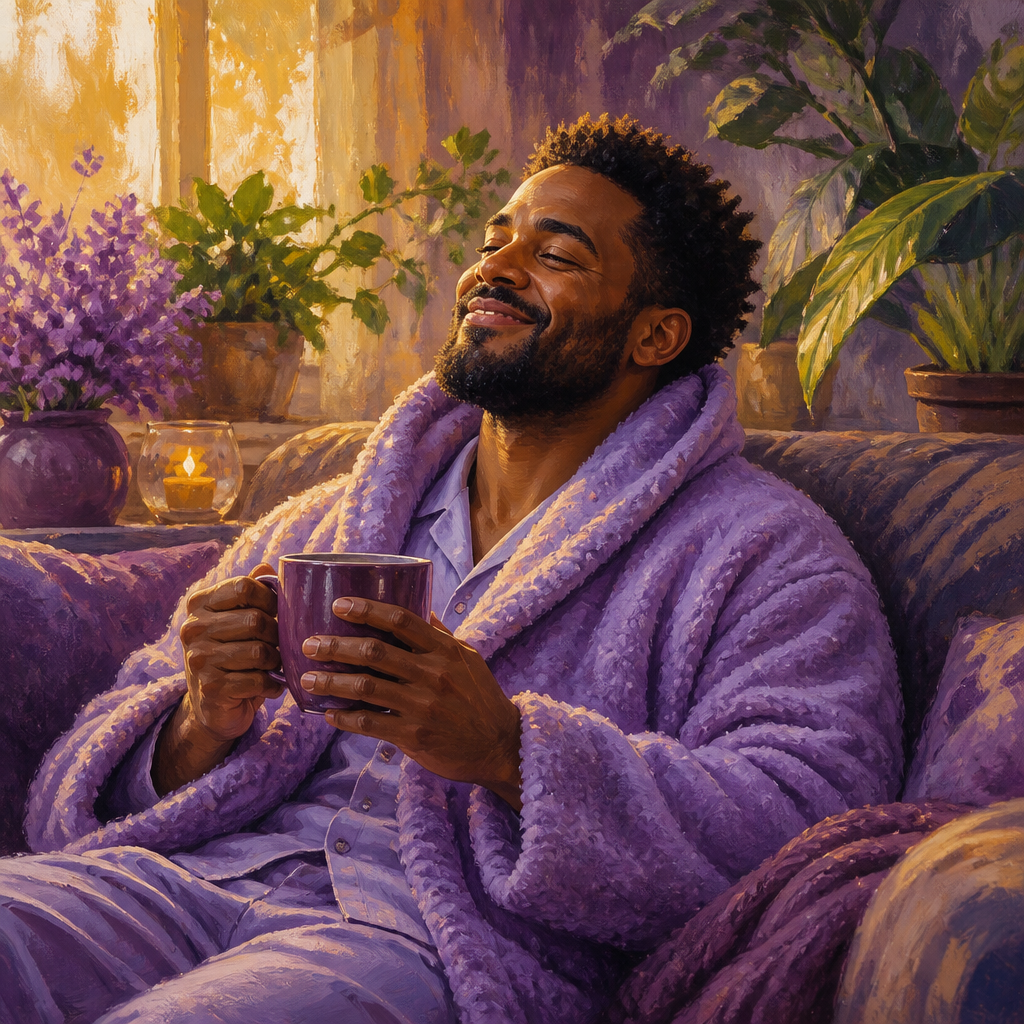 Black man in his 30s relaxing in a plush lilac spa robe on a sofa