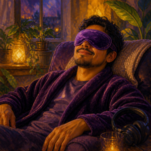 Latino man in his 30s resting with a plush heated eye mask