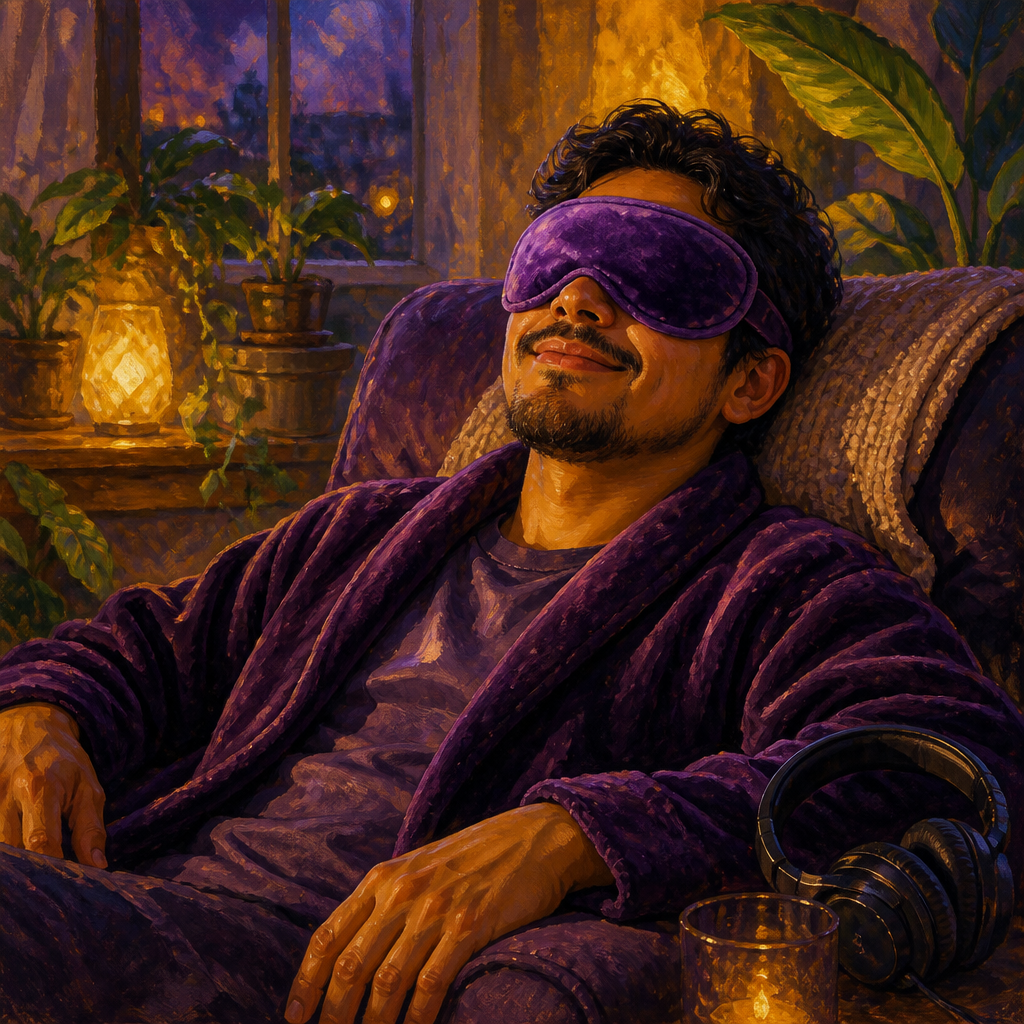 Latino man in his 30s resting with a plush heated eye mask