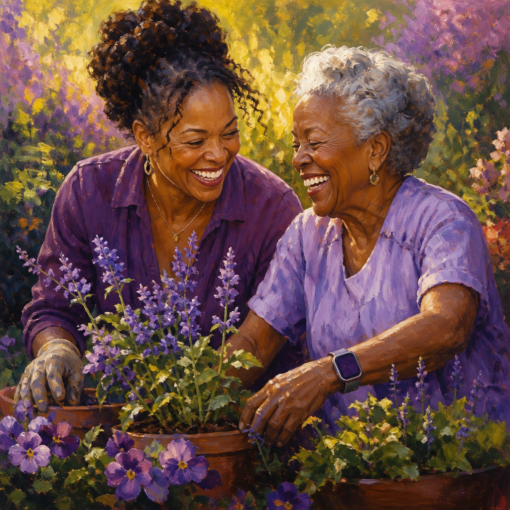 Black woman in her 40s gardening with her mother in her 70s, who wears a smartwatch