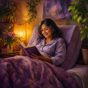 South Asian woman in her 50s reading in bed propped on a wedge pillow