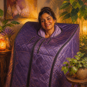 South Asian woman in her 40s enjoying a portable infrared sauna tent at home