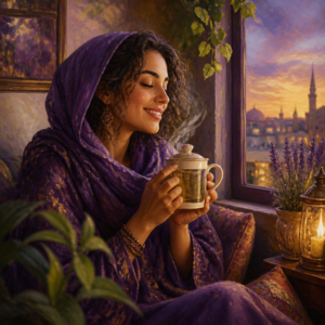 Middle Eastern woman in her 20s holding a lidded ceramic tea mug with infuser by a window at dusk