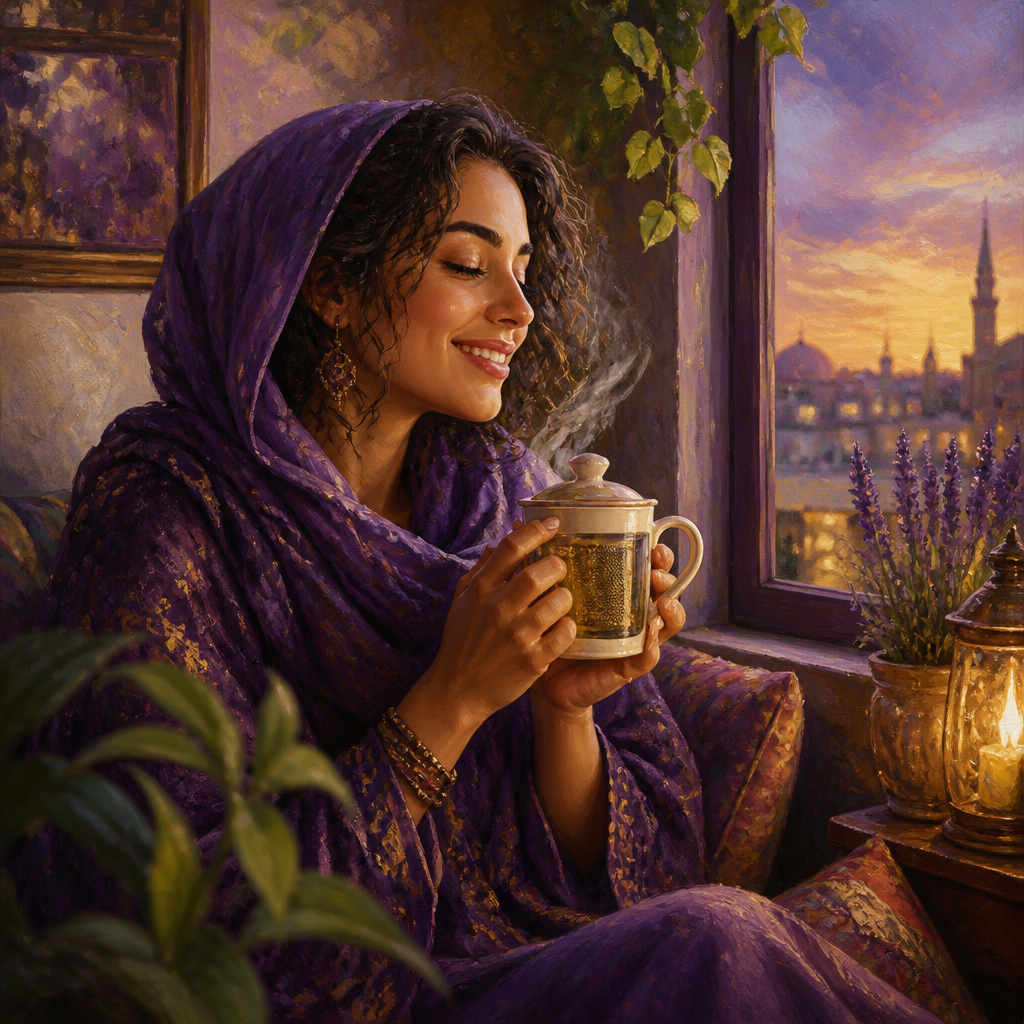 Middle Eastern woman in her 20s holding a lidded ceramic tea mug with infuser by a window at dusk