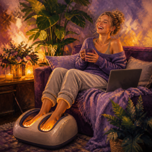 White woman in her 20s smiling with her feet in a heated shiatsu foot massager