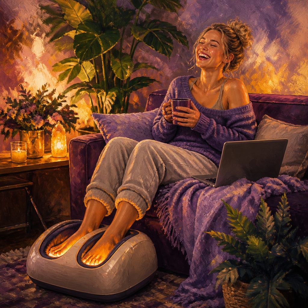 White woman in her 20s smiling with her feet in a heated shiatsu foot massager