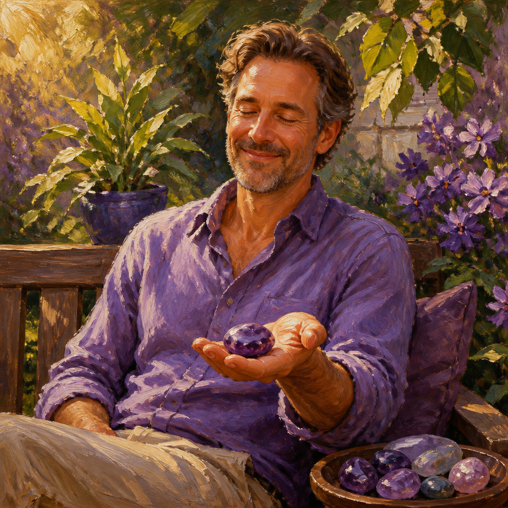 White man in his 40s holding a polished amethyst worry stone in a garden
