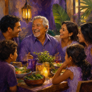 Latino man in his 60s laughing with family at dinner while wearing small earbuds