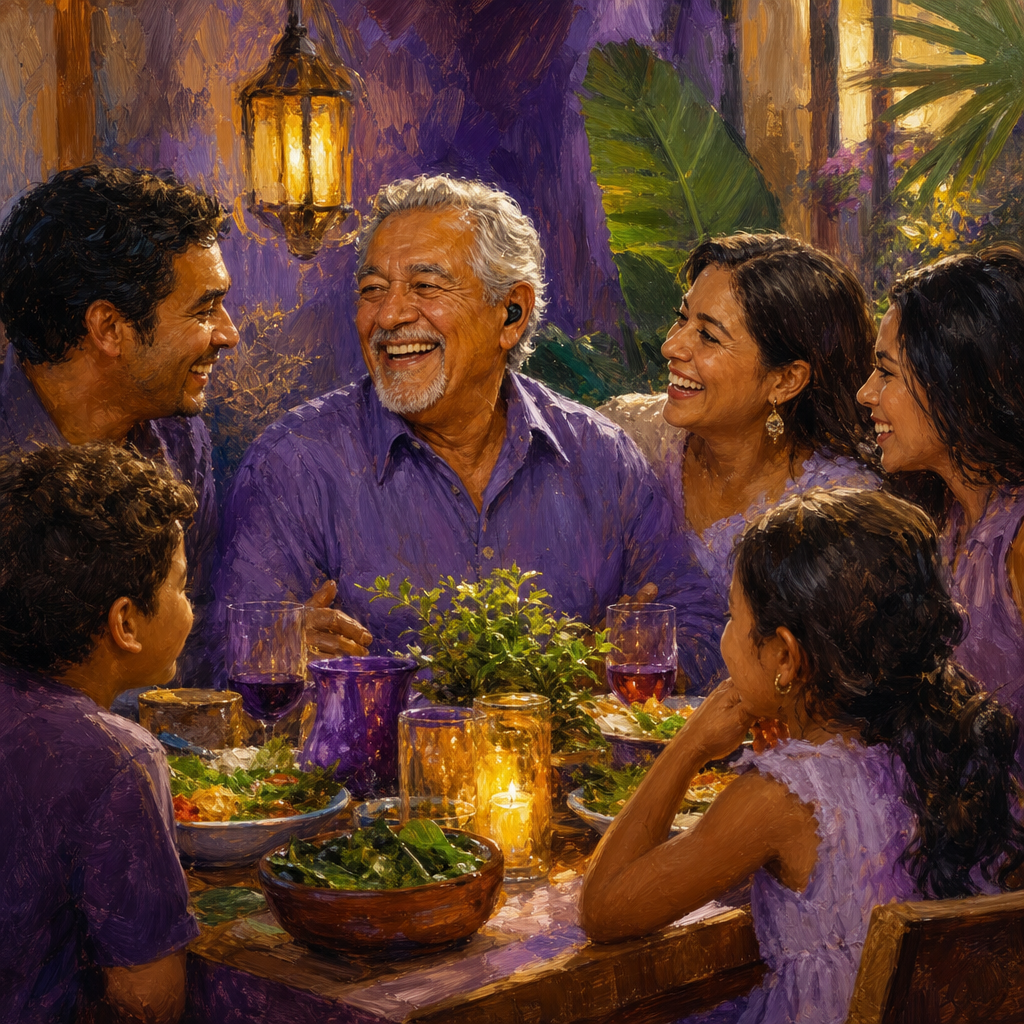 Latino man in his 60s laughing with family at dinner while wearing small earbuds