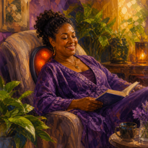 Black woman in her 40s leaning back on a heated shiatsu massage pillow in a reading chair