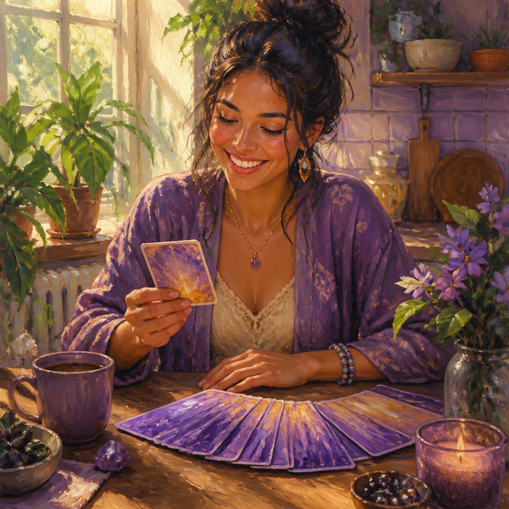 Latina woman in her 20s drawing an affirmation card at a sunny kitchen table