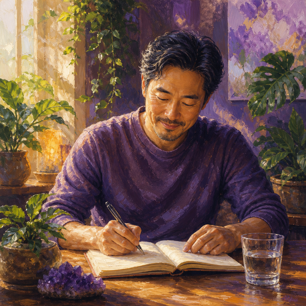 East Asian man in his 40s writing in a health log book at a desk with plants