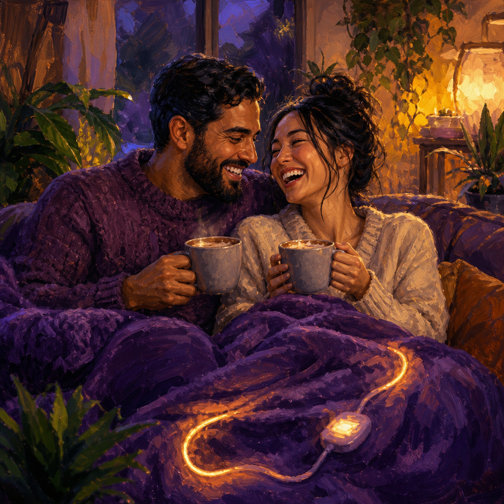 Middle Eastern and East Asian couple in their 30s snuggled under an electric heated throw blanket