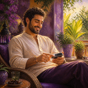 Middle Eastern man in his 30s on a porch using a handheld personal EKG monitor