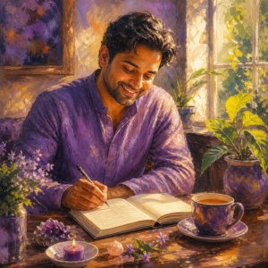South Asian man in his 30s writing in a gratitude journal by a sunny window