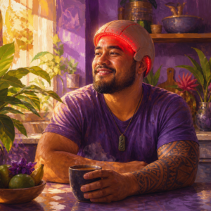Pacific Islander man in his 30s wearing a glowing red light therapy cap with morning coffee