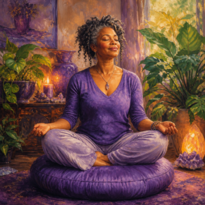 Black woman in her 40s meditating on a purple meditation cushion