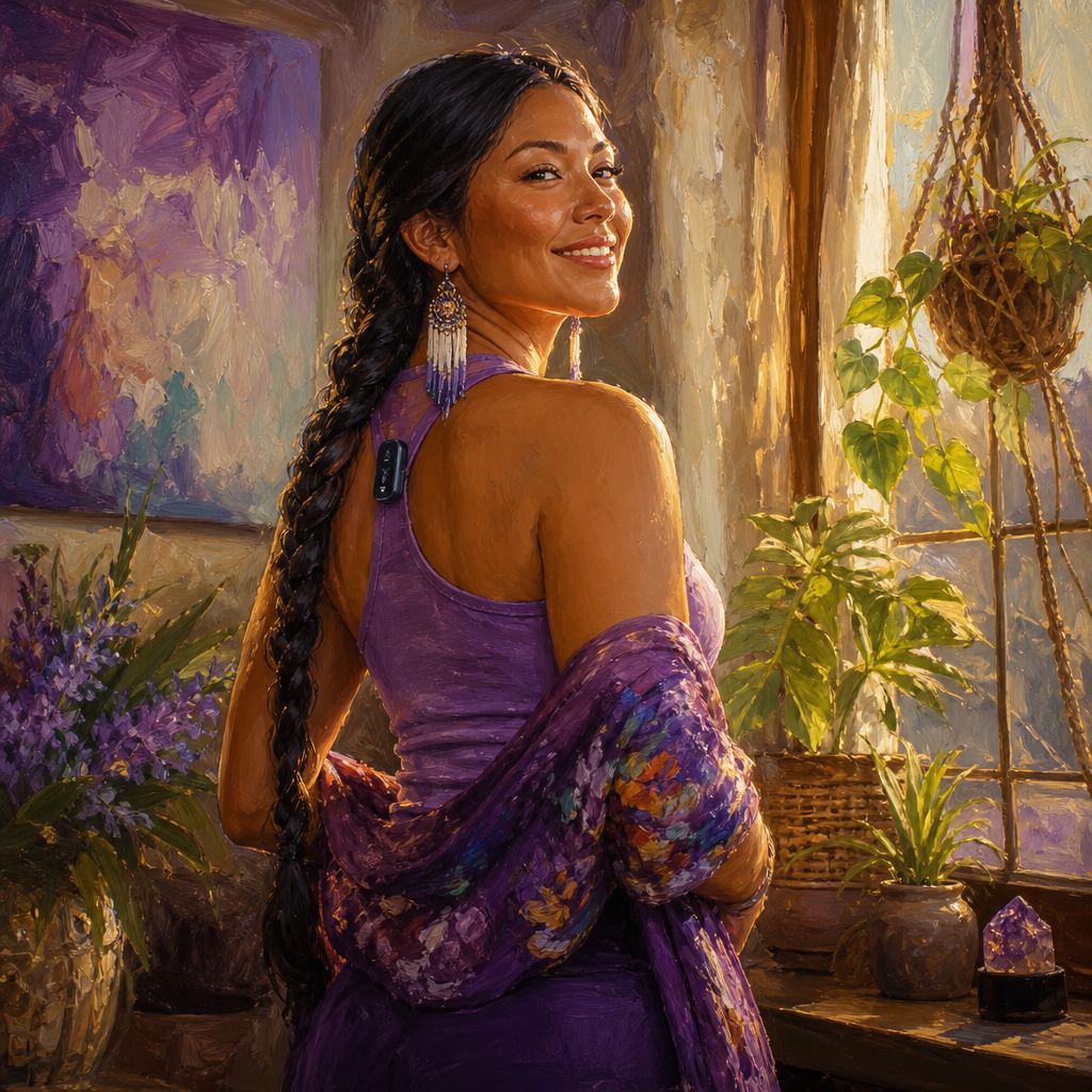 Indigenous woman in her 30s standing tall by a window wearing a small posture trainer