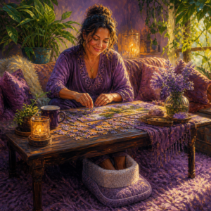 Latina woman in her 40s doing a puzzle with her feet in a plush heated foot warmer