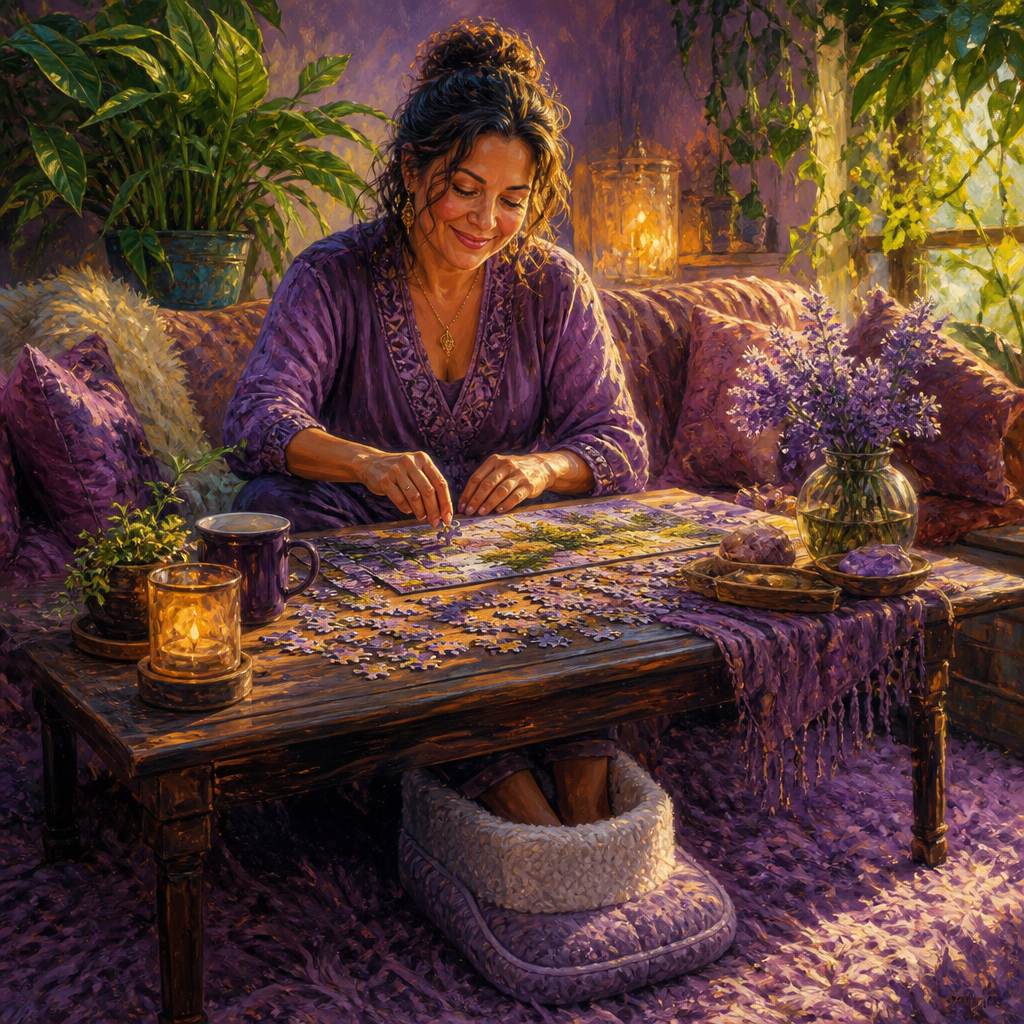 Latina woman in her 40s doing a puzzle with her feet in a plush heated foot warmer