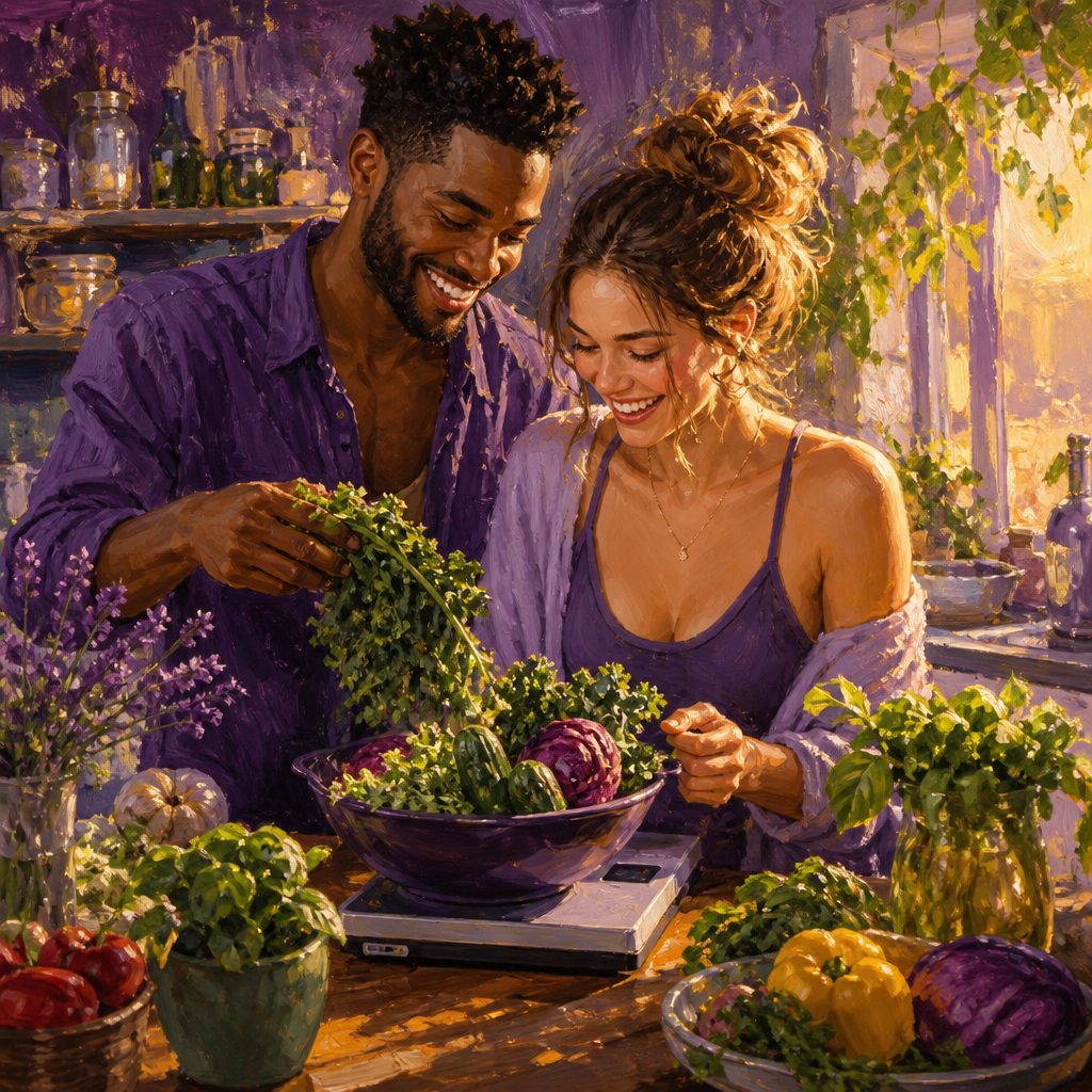 Mixed-ethnicity couple in their 20s weighing fresh vegetables on a kitchen scale