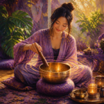 East Asian woman in her 20s playing a golden singing bowl as sound waves ripple out
