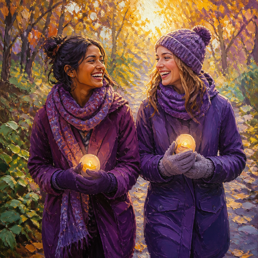 South Asian and white friends in their 20s on an autumn walk holding rechargeable hand warmers