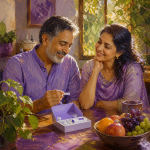 South Asian couple in their 50s at a kitchen table with a home cholesterol test kit and fruit