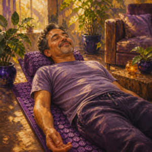Hispanic man in his 50s relaxing on a purple acupressure mat and pillow
