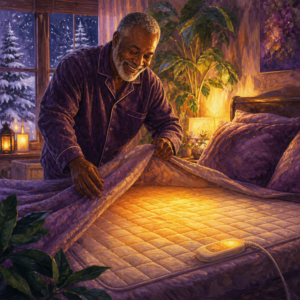 Black man in his 60s turning back the covers on a warm heated mattress pad on a winter night