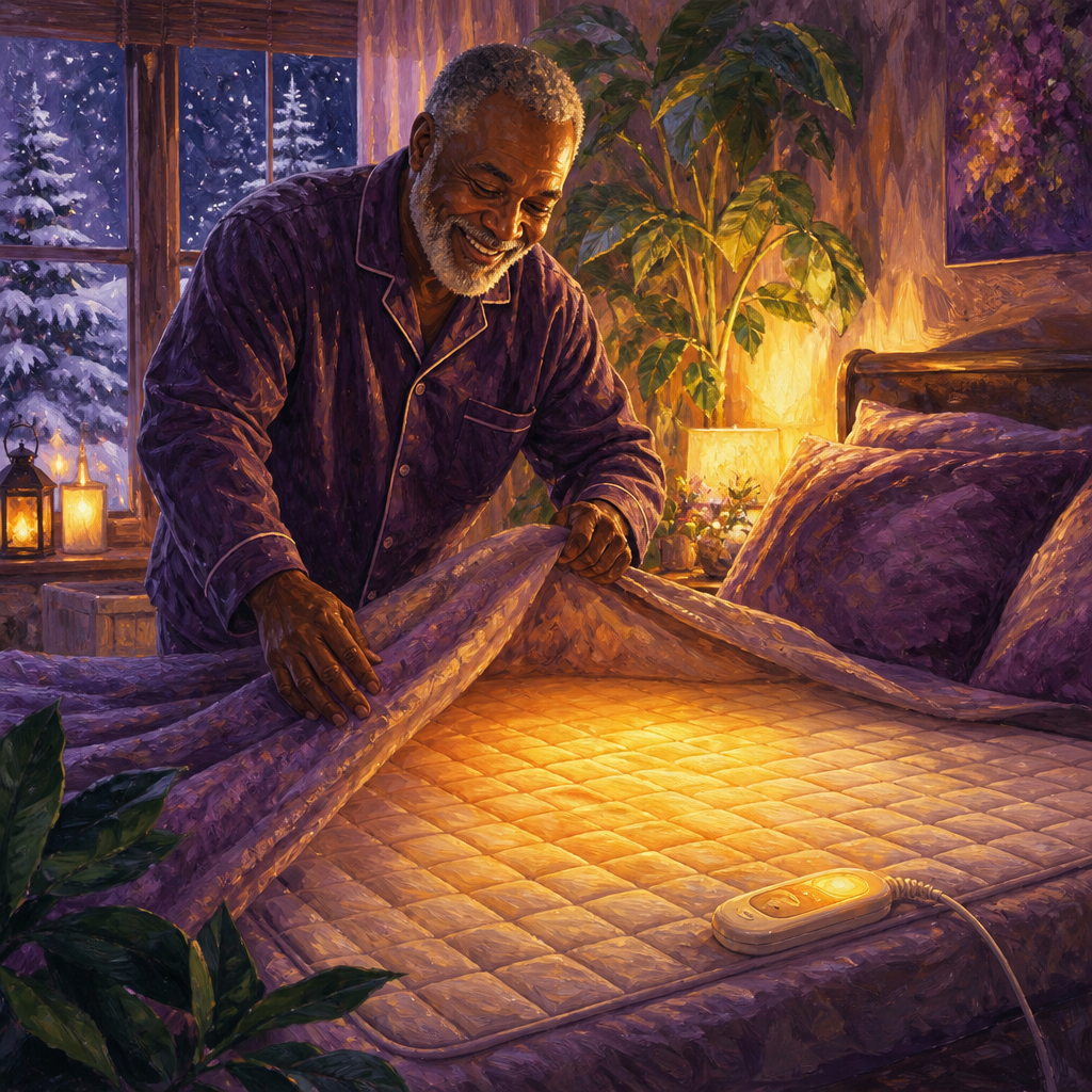 Black man in his 60s turning back the covers on a warm heated mattress pad on a winter night
