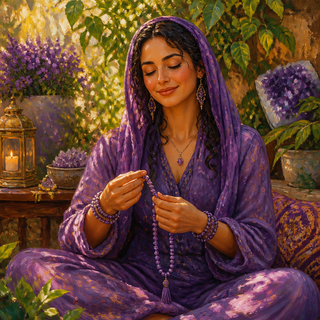 Middle Eastern woman in her 30s meditating with amethyst mala beads