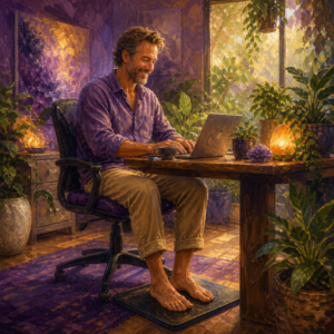 White man in his 40s resting his bare feet on a grounding mat at his desk