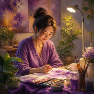 East Asian woman in her 20s painting watercolors beside a bright full spectrum floor lamp