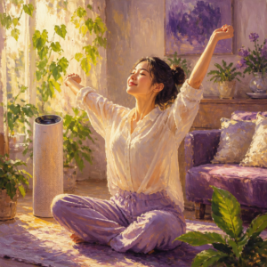 East Asian woman in her 20s breathing fresh air beside an air purifier in a bright living room