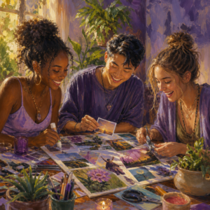 Multiethnic friends in their 20s making a colorful vision board together
