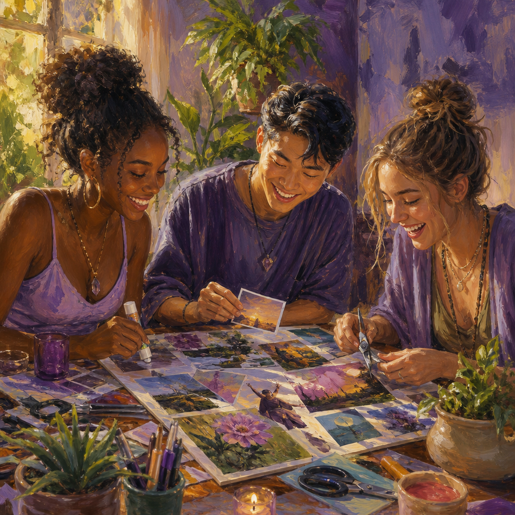 Multiethnic friends in their 20s making a colorful vision board together