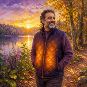 Middle Eastern man in his 50s wearing a rechargeable heated vest on an autumn lakeside walk